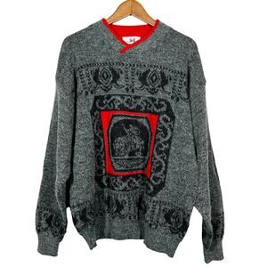 Vintage 80s Jed Cowl Neck Sweater Long Sleeve Grey Red Black Grandpa Knit - XL